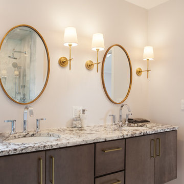 Double Sink Vanity with Gold Round Mirrors