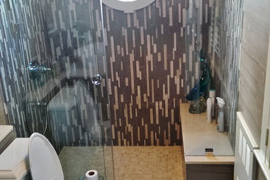 Diseño de cuarto de baño actual de tamaño medio con aseo y ducha