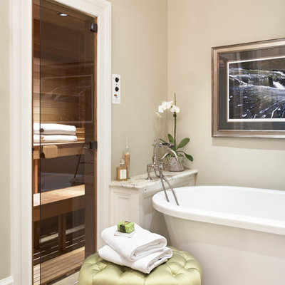 Freestanding bathtub - large traditional master beige tile and ceramic tile ceramic tile freestanding bathtub idea in Other with beige walls and granite countertops