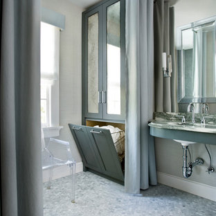 Inspiration for a mid-sized transitional bathroom in Atlanta with shaker cabinets, green cabinets, beige walls, mosaic tile floors and an undermount sink.