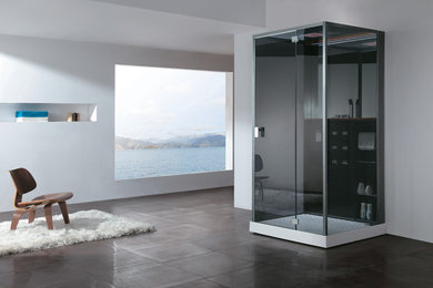 Стильный дизайн: главная ванная комната среднего размера в современном стиле с угловым душем, белыми стенами и полом из керамогранита - последний тренд