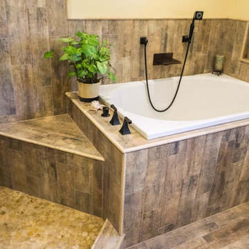 Earthy Wood & Glass Master Bath
