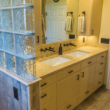 Earthy Wood & Glass Master Bath