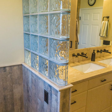 Earthy Wood & Glass Master Bath