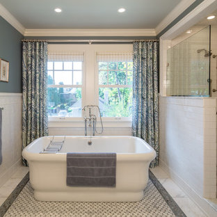 Inspiration for a timeless master white tile and subway tile bathroom remodel in Minneapolis with white cabinets
