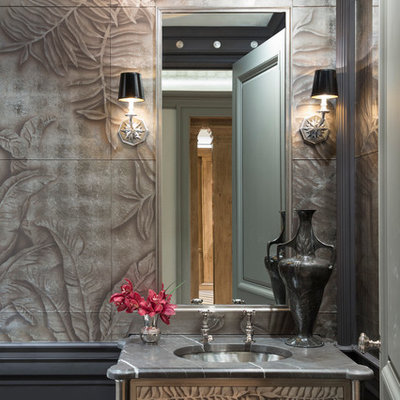 Eclectic bathroom photo in Chicago with brown walls and an undermount sink