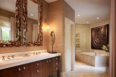 Design ideas for a large contemporary ensuite bathroom in Chicago with flat-panel cabinets, medium wood cabinets, a built-in bath, beige tiles, a submerged sink, beige walls, porcelain flooring, an alcove shower and engineered stone worktops.