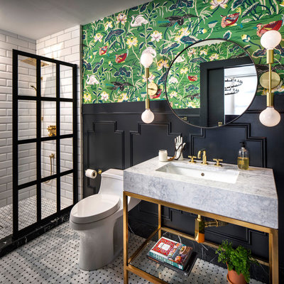 Bathroom - mid-sized eclectic 3/4 white tile and subway tile porcelain tile and white floor bathroom idea in San Francisco with open cabinets, a one-piece toilet, black walls, marble countertops, an undermount sink and gray countertops