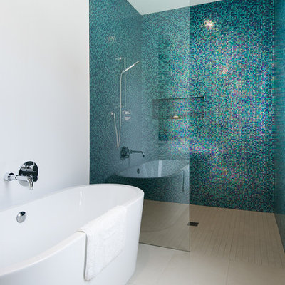 Example of a trendy master multicolored tile and mosaic tile beige floor bathroom design in Toronto with white walls