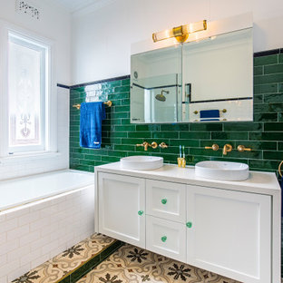 Photo of an eclectic bathroom in Sydney with a double vanity and a floating vanity.