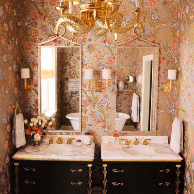 Inspiration for an eclectic bathroom remodel in Chicago with an undermount sink, furniture-like cabinets, black cabinets and multicolored walls