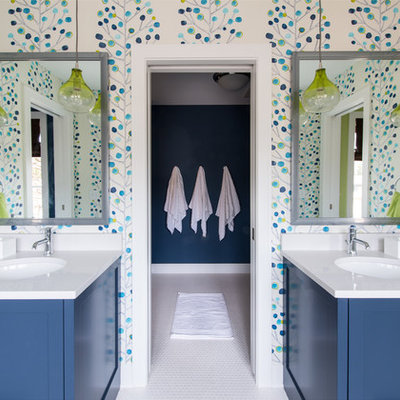 Transitional kids' white tile bathroom photo in Minneapolis with an undermount sink, shaker cabinets, blue cabinets and multicolored walls