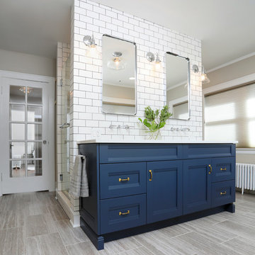 Eclectic Navy and White Master Bathroom