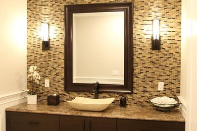 Mid-sized trendy multicolored tile and mosaic tile ceramic tile bathroom photo in Boston with flat-panel cabinets, brown cabinets, white walls, a vessel sink and granite countertops
