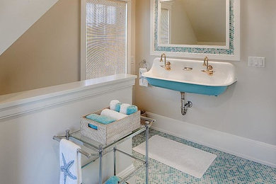 Bathroom - mid-sized coastal 3/4 beige tile, blue tile, gray tile and mosaic tile mosaic tile floor and blue floor bathroom idea in New York with beige walls and a wall-mount sink