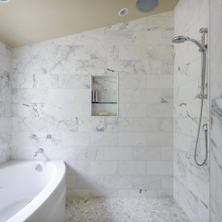 Transitional subway tile ceramic tile tub/shower combo photo in Seattle