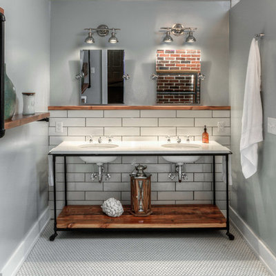 Large urban master white tile and subway tile mosaic tile floor bathroom photo in Omaha with open cabinets, medium tone wood cabinets, a one-piece toilet, gray walls, an undermount sink and marble countertops