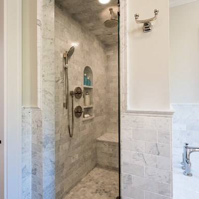 Doorless shower - large transitional master white tile and subway tile slate floor doorless shower idea in Other with an undermount sink, recessed-panel cabinets, white cabinets, granite countertops, an undermount tub, a two-piece toilet and gray walls