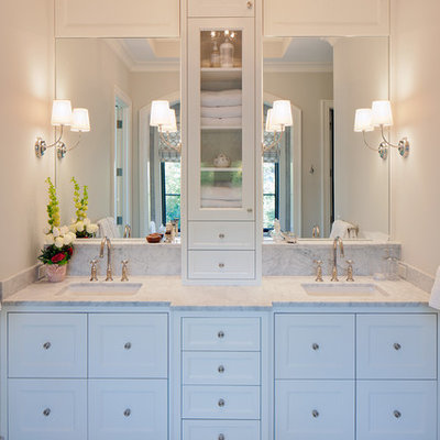 Large transitional master gray tile and marble tile bathroom photo in Grand Rapids with marble countertops, shaker cabinets, white cabinets, beige walls and an undermount sink