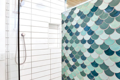 Mid-century modern multicolored tile and ceramic tile bathroom photo in Other