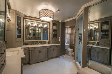 Inspiration for a large contemporary master brown tile and glass tile ceramic tile double shower remodel in Other with an undermount sink, shaker cabinets, distressed cabinets, quartz countertops, a one-piece toilet and green walls