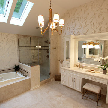Elegant White Bathroom with Beige Tiled Shower