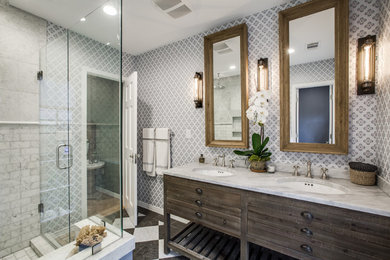 Medium sized traditional ensuite bathroom in Dallas with freestanding cabinets, distressed cabinets, a corner shower, white tiles, marble tiles, blue walls, marble flooring, a submerged sink, marble worktops and a hinged door.