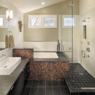 Bathroom - contemporary mosaic tile bathroom idea in San Francisco with a vessel sink