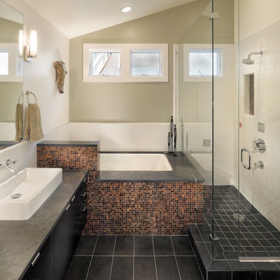 Bathroom - contemporary mosaic tile bathroom idea in San Francisco with a vessel sink