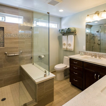Encinitas L Shaped Vanity Toilet and Shower in Master Bathroom Remodel