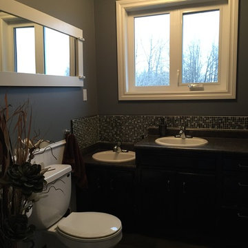 Entrance Bathroom - dark paint tones & white trim accents.