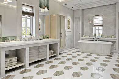 Inspiration for a huge timeless master white tile and marble tile marble floor and brown floor freestanding bathtub remodel in New York with flat-panel cabinets, beige cabinets, white walls, a drop-in sink and marble countertops