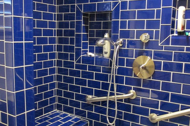 Large minimalist blue tile and glass tile walk-in shower photo in Sacramento