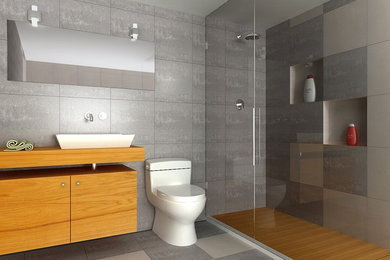 ニューヨークにあるコンテンポラリースタイルのおしゃれな浴室 (フラットパネル扉のキャビネット、淡色木目調キャビネット、木製洗面台、グレーのタイル、磁器タイル、磁器タイルの床) の写真