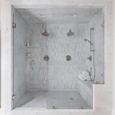 Transitional gray tile gray floor alcove shower photo in Little Rock with white walls and a hinged shower door