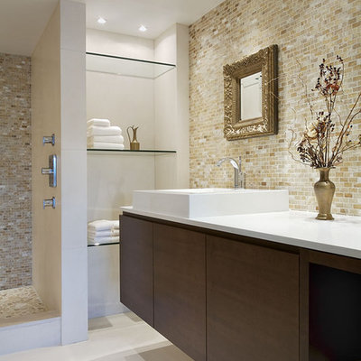 Example of a trendy bathroom design in Vancouver with a vessel sink
