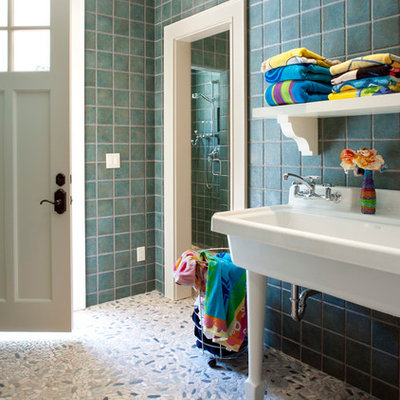 Inspiration for a timeless green tile bathroom remodel in Other with a trough sink