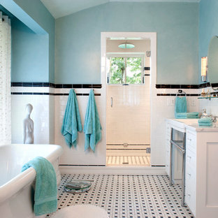 Freestanding bathtub - traditional subway tile freestanding bathtub idea in Other