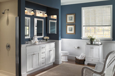 Bathroom - country master medium tone wood floor bathroom idea in Raleigh with white cabinets, a one-piece toilet, blue walls and recessed-panel cabinets