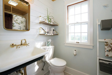 Small cottage master blue tile and marble tile ceramic tile and gray floor bathroom photo in Cincinnati with blue walls and a wall-mount sink