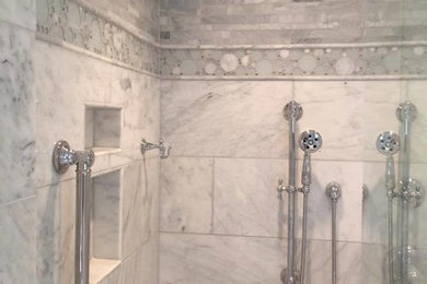 Design ideas for a bathroom in Raleigh with an alcove shower, grey tiles, stone tiles, grey walls and marble flooring.