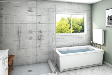 Diseño de cuarto de baño principal clásico renovado con puertas de armario blancas, bañera exenta, ducha esquinera, suelo de mármol, lavabo integrado y ducha abierta