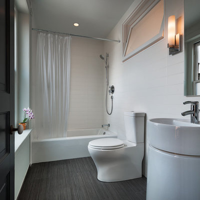 Trendy shower curtain photo in Philadelphia with a pedestal sink