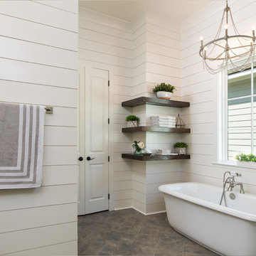 Floating Shelves Add Farmhouse Charm to Modern Bathroom