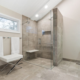 Mid-sized trendy master gray floor walk-in shower photo in Chicago with flat-panel cabinets, white cabinets, white walls and a hinged shower door
