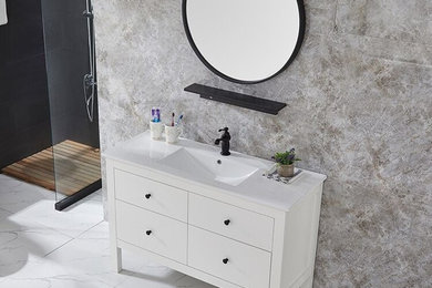 Example of a mid-sized 3/4 bathroom design in Other with flat-panel cabinets, white cabinets, solid surface countertops and white countertops