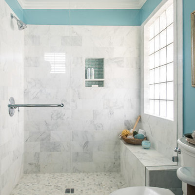 Example of a mid-sized classic 3/4 white tile and stone tile marble floor bathroom design in Dallas with blue walls