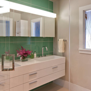 Inspiration for a large contemporary green tile and porcelain tile porcelain tile and beige floor bathroom remodel in Boston with an integrated sink, flat-panel cabinets, white cabinets, beige walls and quartz countertops