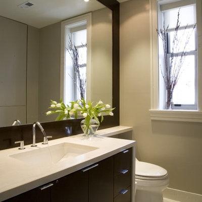 Bathroom - contemporary bathroom idea in DC Metro with an undermount sink, flat-panel cabinets, dark wood cabinets and beige countertops