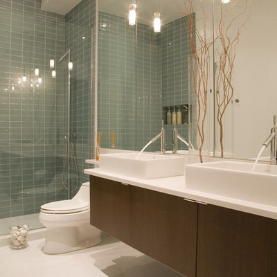 Inspiration for a contemporary glass tile bathroom remodel in DC Metro with a vessel sink and white countertops